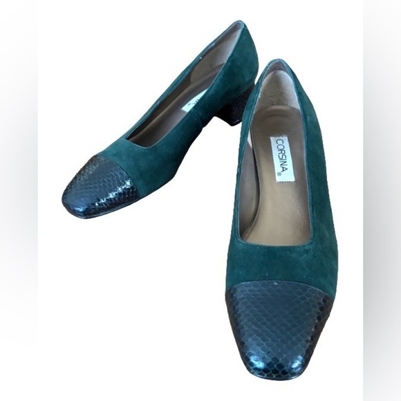 Corsina VTG green suede w blk block heel WM 7.5 N old money business casual - Picture 6 of 14